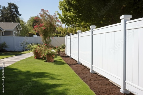 White vinyl fence surrounds private property. Generative AI