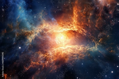 Astro-background, radiant quasar amidst vast cosmos. Generative AI