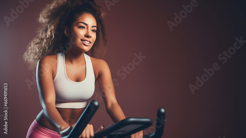 Young African American woman sweats it out on digital exercise bike, Generative AI