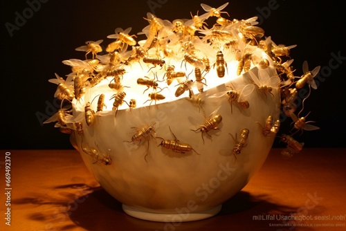 Light-emitting insect swarm gathers amidst a beautifully repaired ceramic artwork. Generative AI