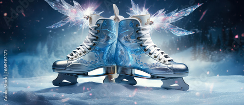 Close up of figure skates. Winter sport leisure. Ornamental ice skates icons. Decorative winter illustration. Generative ai
