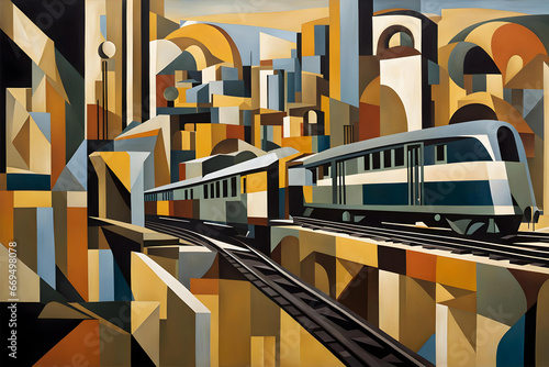 cubist style abstract painting of an train and track in an urban setting