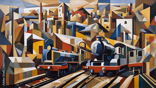 cubist style abstract painting of stream locomotives and tracks in an urban setting