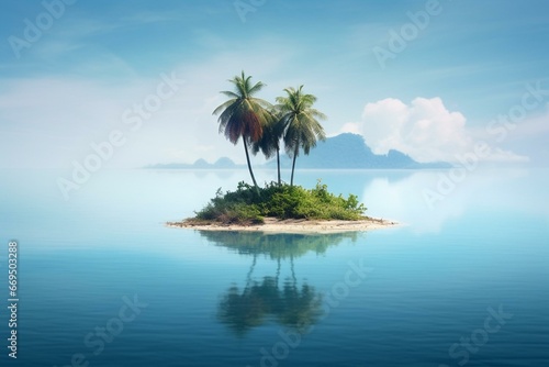 Isolated island with one palm tree, pristine water. Generative AI