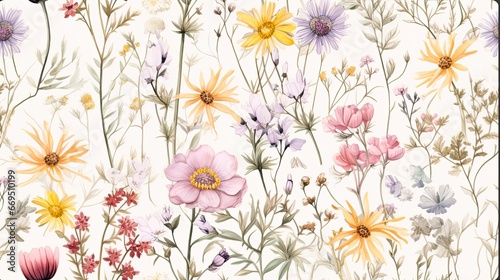 Wildflowers watercolor, made in the style of harmonious palette, chromatic purity.