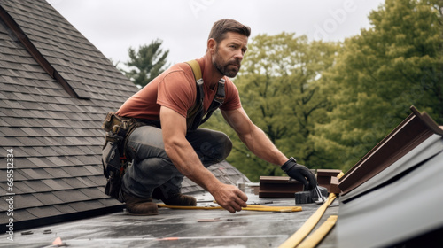 Roofer at work, installing clay roof tiles, Construction roofer installing roof tiles at house building site