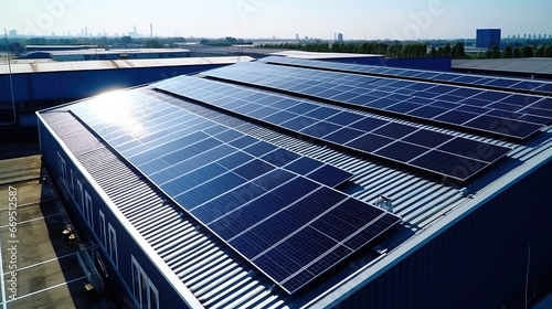 Top view Solar Cell on Warehouse Factory. Solar photo voltaic panels system power or Solar Cell on industrial building roof for producing green ecological electricity. Production of renewable energy.