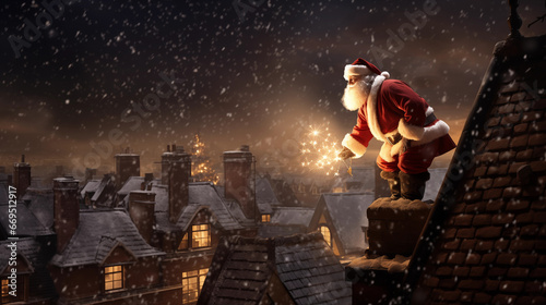 Santa Claus throw the light to the city on chimney roof in christmas