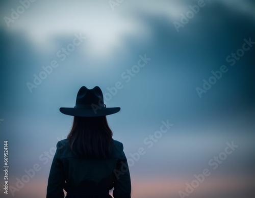 A female figure wearing a hat is watching the sunset with her back towards the viewer