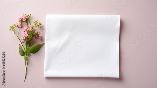 top view with white empty kitchen napkin isolated on table background. Folded cloth for mockup with copy space, Flat lay. Minimal style.