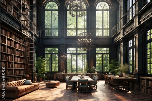 Huge ancient historic library with large windows and high ceilings . Authentic interior of the room with books 