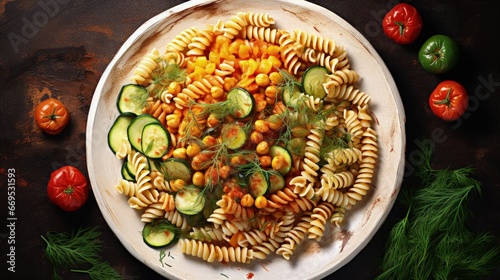 Vegan pasta fusilli with vegetables, zucchini, paprika and grean beans. Top view on stone table.