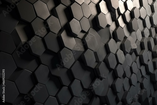 Smooth, textured wall with tiled background. Hexagonal, stone wallpaper with 3D blocks. Rendered in high definition. Generative AI
