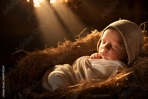 Baby Jesus is lying in the manger on the hay, Nativity of Jesus