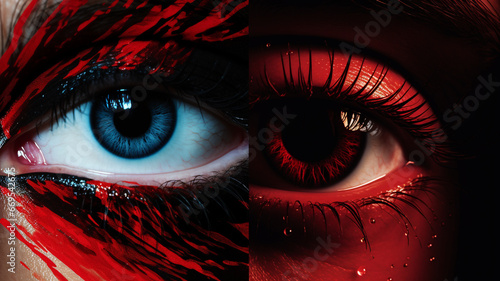 Macro photo of eyes with balance of red and black, gray and blue. 