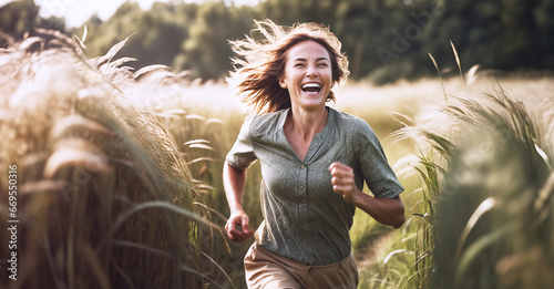 immagine primo piano di giovane donna che corre felice in un prato, estate luce diurna