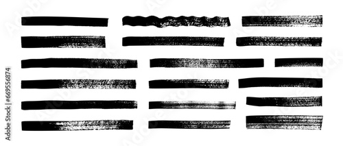 Black highlighter bold horizontal lines set. Brush drawn vector stripes with dry brush texture.