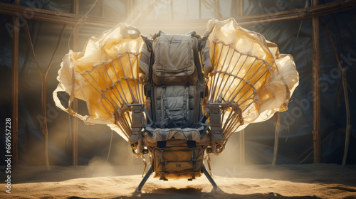 A skydiving parachute, draped over a wooden chair
