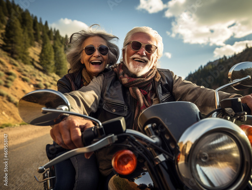 A Photo of an Older Couple on a Motorcycle Road Trip Through a Scenic Route