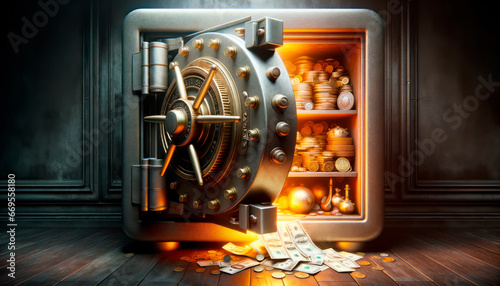 Bank safe with money and gold coins. Generative AI