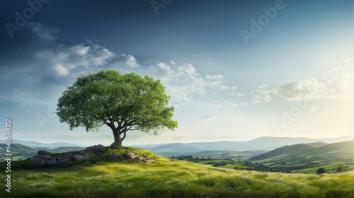 A single, solitary tree stands on a grassy hill, overlooking a town in the distance
