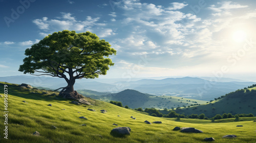 A single, solitary tree stands on a grassy hill, overlooking a town in the distance