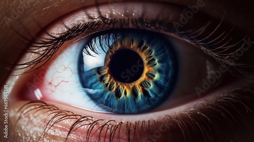 Beautiful close-up eye and amazing reflections. Macro pupil of the human retina. Eye monitoring and treatment healthcare