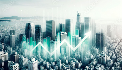 Double exposure of business graph and cityscape background. Financial growth concept. Generative AI