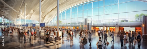 Bustling modern airport terminal illuminated by natural light, diverse passengers in motion.