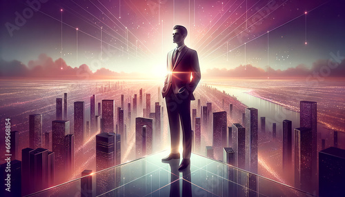 Silhouette of a businessman standing in front of a futuristic city landscape. Future vision concept. Generative AI
