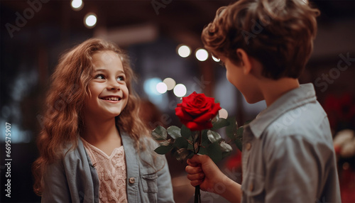 Boy give rose to girl. Little boy and girl on Valentine's Day or holiday. A boy gives roses to a girl. Romantic in love. Valentines Day concept