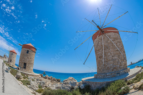 Medieval Rhodes Town Windmills, Mandraki harbor, Greece, Dodecanese islands, Europe