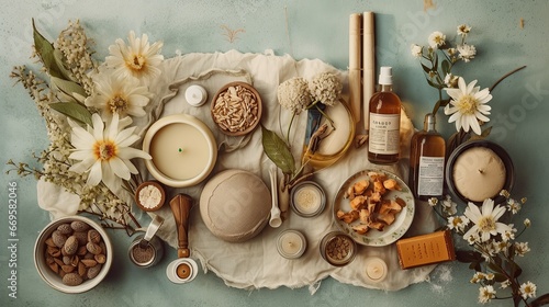 top view of natural cosmetics, ingredients or spa accessories arranged on banner background, Generative AI