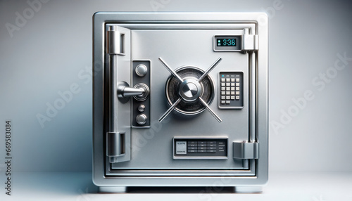 Metal safe with a combination lock on a gray background. Generative AI