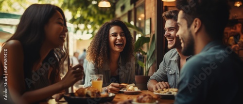 Happy young friends enjoy eating food and drinking talking together over lunch in a coffee shop, friendship and friend concept, Generative AI
