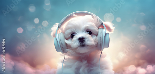 Cute white Yorkshire terrier puppy with light blue headphones with blurred lights and clouds in the background. Desktop concept. Copy space.