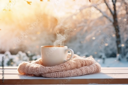 Cup of hot tea, coffee or chocolate with warm cozy blanket on window sill with sunny winter landscape outside