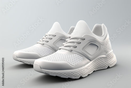 The shot of a white running sport sneaker shoe pair isolated on a white orange grey blue background. Generative AI.