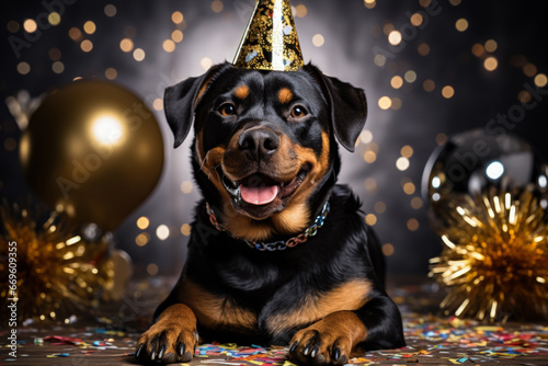 New Years Rottweiler dog holding a gold and glitter party cracker isolated on a white background 