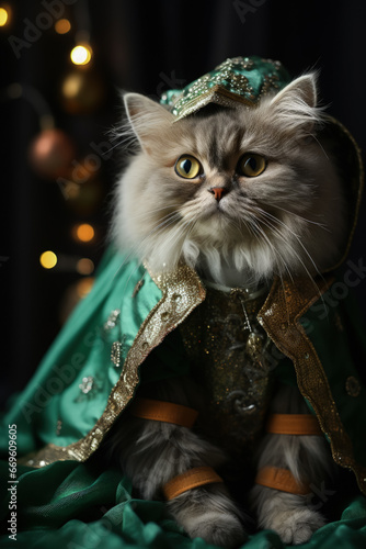 Persian cat in elf costume jingle bell shoes sparkling Christmas merriness 