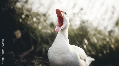 Portrait of white screaming goose outdoors
