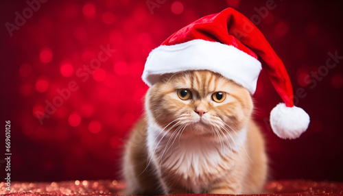 yellow cat dressed in Santa Claus hat, on red background zet
