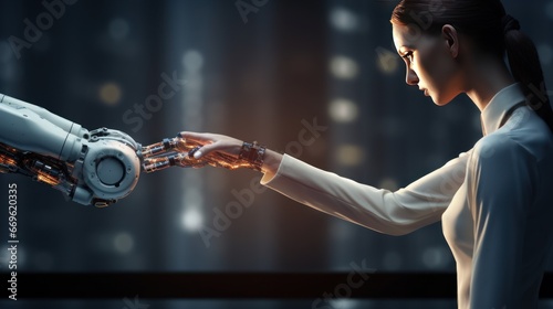 Robot's arm touching hand with person, robot and woman, technology