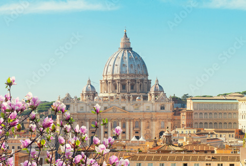 cityline of Rome with St. Peter's cathedral at spring day, Italy