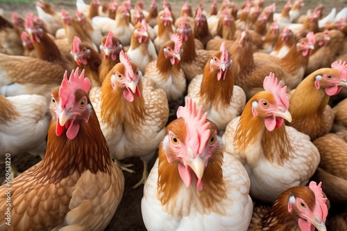 Many chickens waiting to be fed up, they are looking at the camera