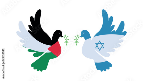 Dove with Palestine and Israel flag color. Symbol of peace and World support concept. Flat vector illustration