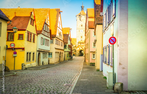 small street with old houses of Rothenburg ob der Tauber, Germany