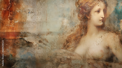 Retro fresco painting Renaissance vintage old wall with peeling paint beautiful girl woman photo paper grunge old texture wallpaper background graphics painting art card poster print interior - genera