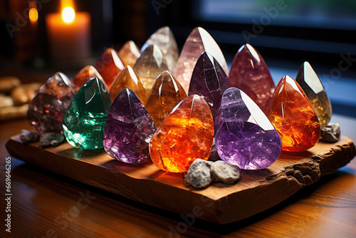 Vibrant collection of polished gemstones on a wooden base, illuminated by ambient candlelight. Ideal for spiritual and healing themes.