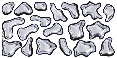 3d chrome metal organic fluid shapes. Abstract liquid mercury metallic icon. 3d rendering aluminum gradient shape design element isolated on white background. Brutalist futuristic style